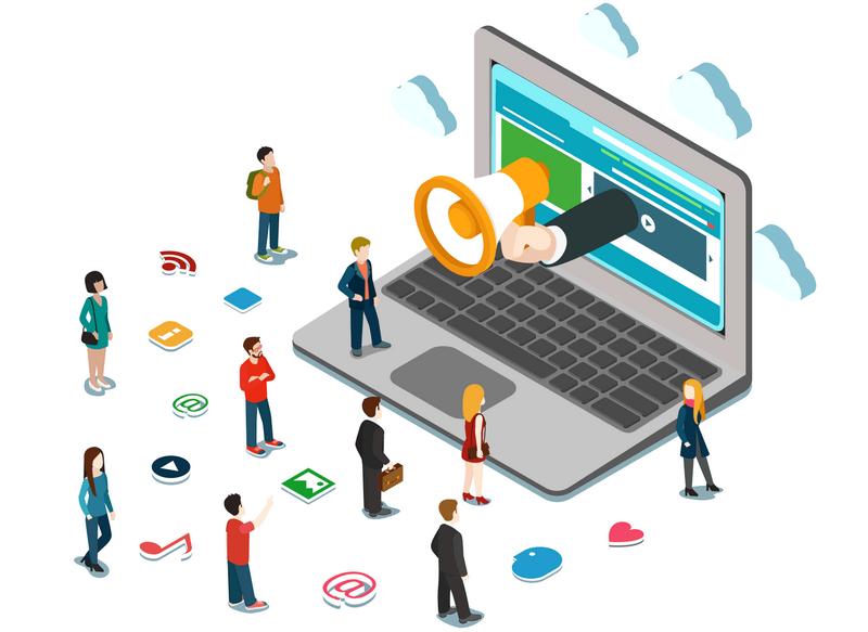 Illustration of a laptop with a hand holding a megaphone emerging from the screen, surrounded by people and social media icons